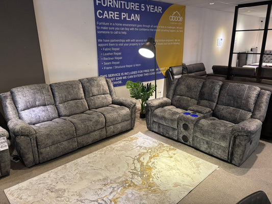 GALAXY tech Grey ELECTRIC Plush Velour Velvet 3 + 2 Seater With Drinks Console Reclining Sofa Set Plus USB Charging Ports and drinks coolers cup holders