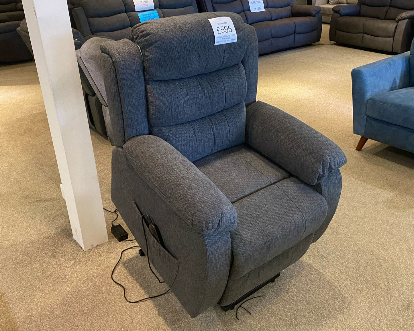 Electric Lewson Grey Fabric Rise & Recliner 1 Seater Sofa / Armchair