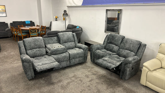 GALAXY Grey ELECTRIC Plush Velour Velvet 3 + 2 Seater Reclining Sofa Set With Drop Down Drinks Tray Table & USB Charging Ports