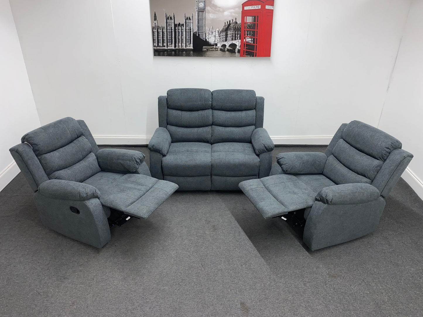 ‘Lewson’ Charcoal Grey Fabric Recliner 2 + 1 + 1 Seater Sofa + Armchair Sofa Suite Set | Couch |