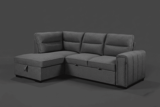 (Back in stock 15th August) 'Musk' Dark Grey Fabric Left Hand Facing Corner Sofa Bed With Storage & Drinks Holder