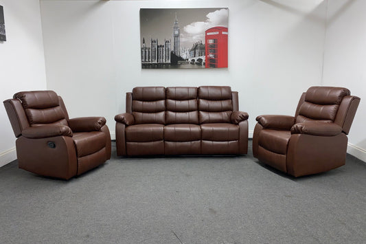 Lando Recliner Brown Leather 3 + 1 + 1 Seater Sofa (Couch) Set With Drop Down Drinks Table & 2 Stage Recliner Motion