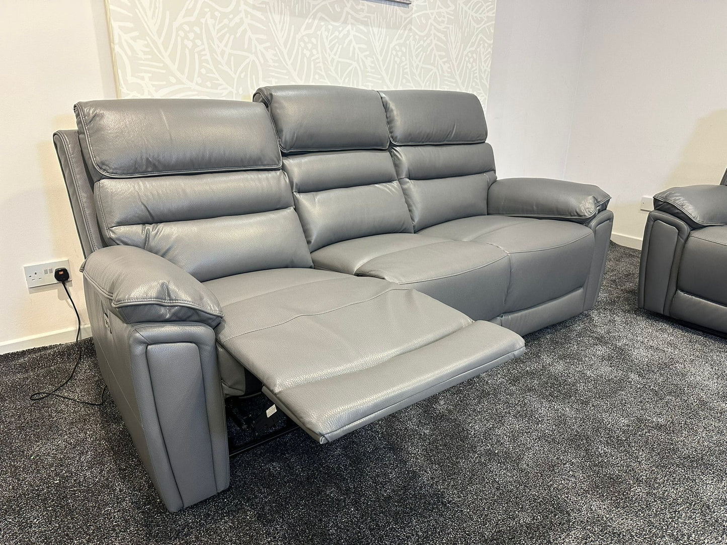 Donald Grey Leather Electric / Power Reclining 3 Seater + 2 Seater Sofa Suite Set With Drinks Coolers USB Charging Ports & Drop Down Tray Table