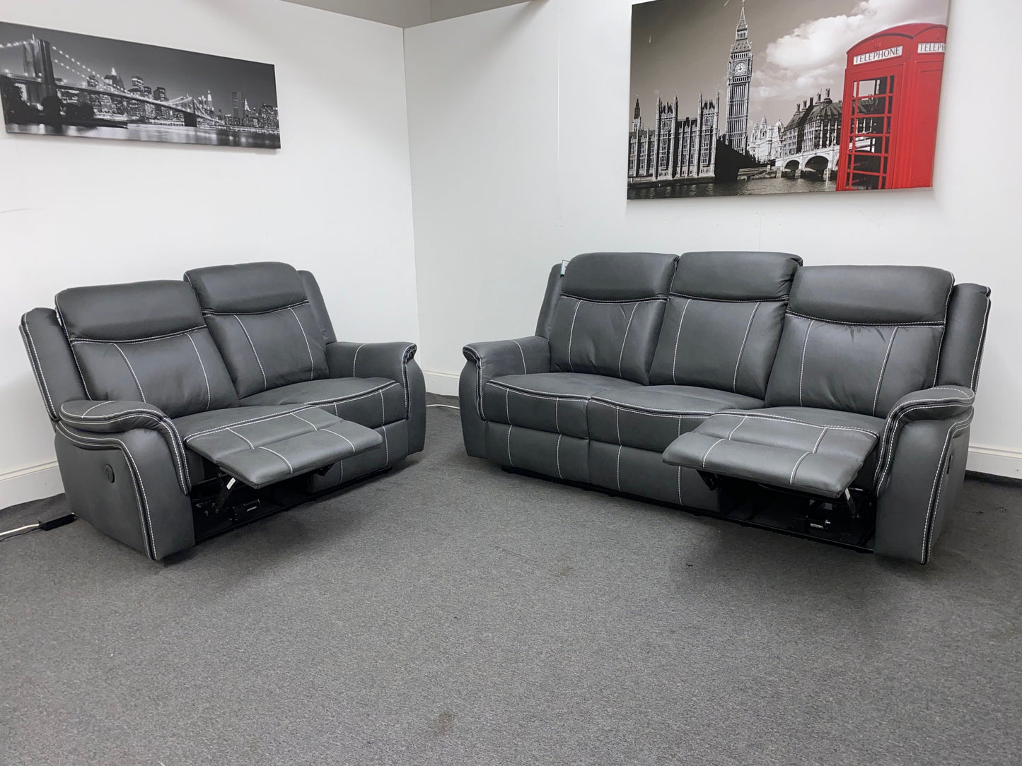 " Sloane Vision " Grey Water Resistant Microfibre Fabric 3 + 2 Seater Electric / Power Recliner Sofa Suite Set With USB Ports & Drop Down Tray Table | Couch |