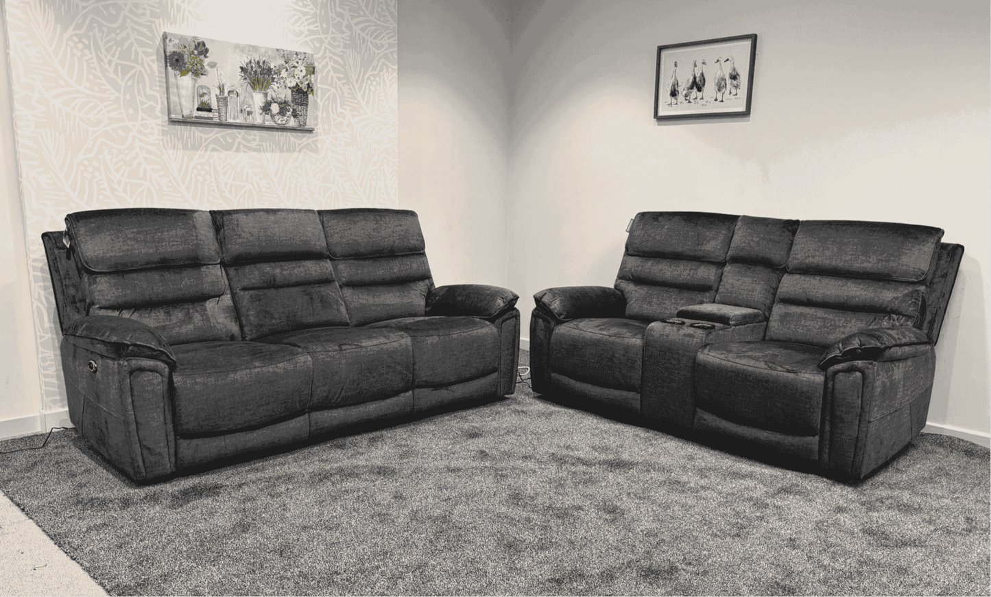 The “ Donald " Electric / Power Reclining Charcoal Grey Fabric Sofa Set - USB Charging & Drinks Tray Table Plus High Seating & Backrest Position | Couch |