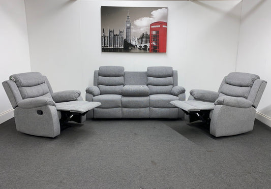 ‘Lewson’ Grey Fleck Fabric Recliner 3 + 1 + 1 Seater with Drinks Tray Table | Couch |