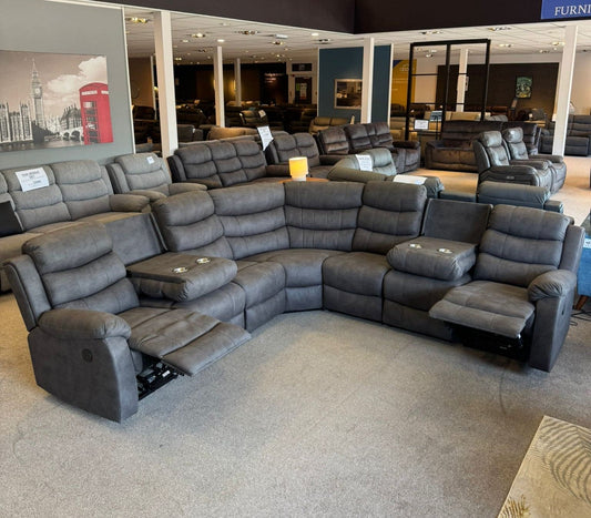 "Willow" Dark Grey Fabric 3C3 Recliner Corner Sofa | Drinks Tray Table | Easy Clean Fabric