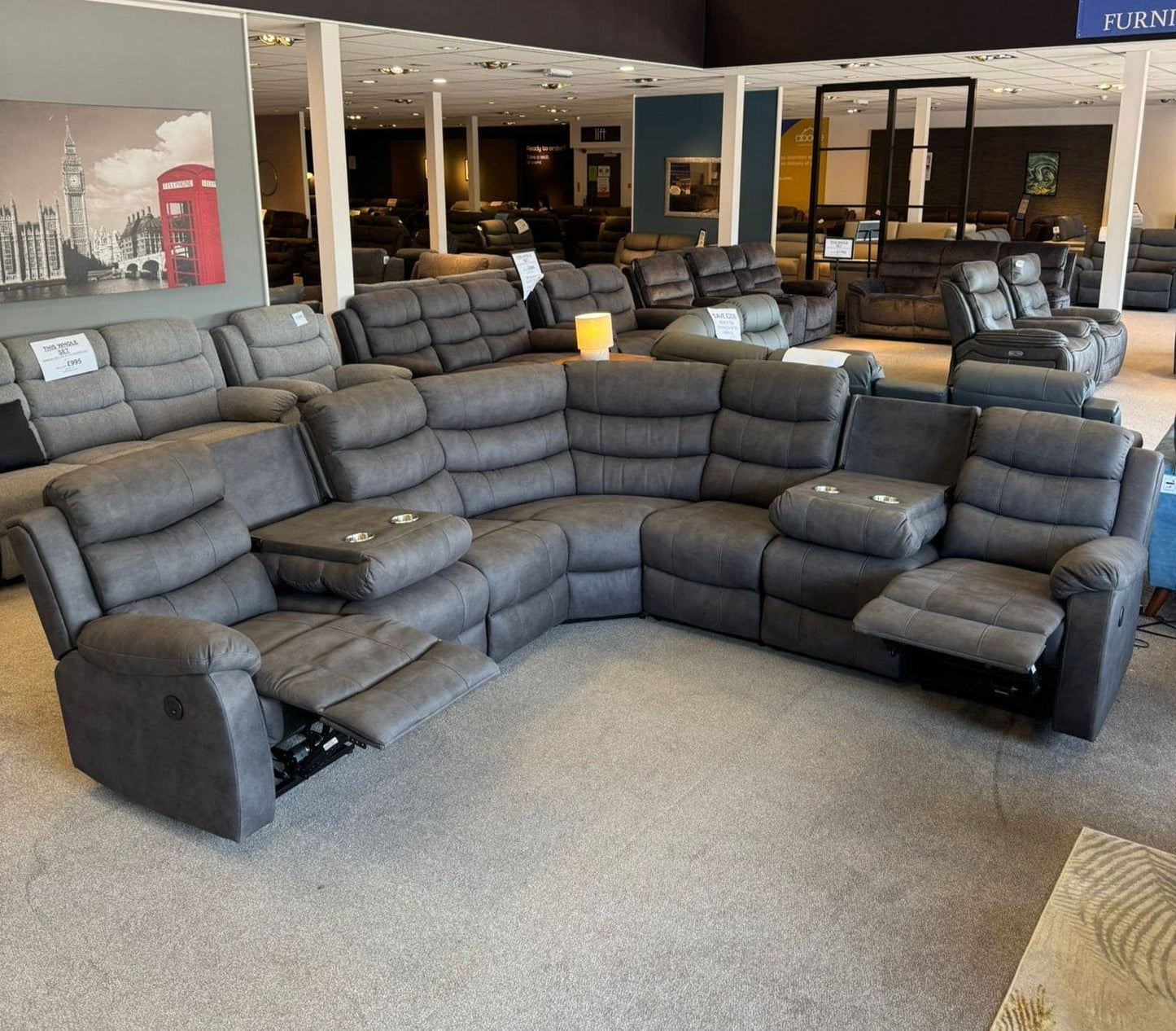 "Willow" Dark Grey Fabric 3C3C Recliner Corner Sofa | Drinks Tray Table | Easy Clean Fabric | Modular