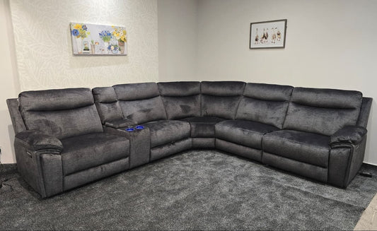 (Back In Stock May 25th) "Xavier" 2c2c Grey Plush Fabric Power Recliner Corner Sofa With USB Charging Ports & Cinema Drinks Console