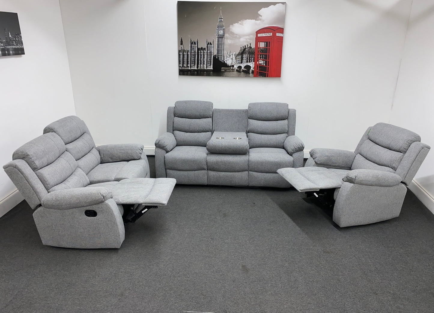 SPECIAL OFFER "Lewson" Manual Reclining Grey Fleck Fabric Sofa Set + Drinks Tray Table