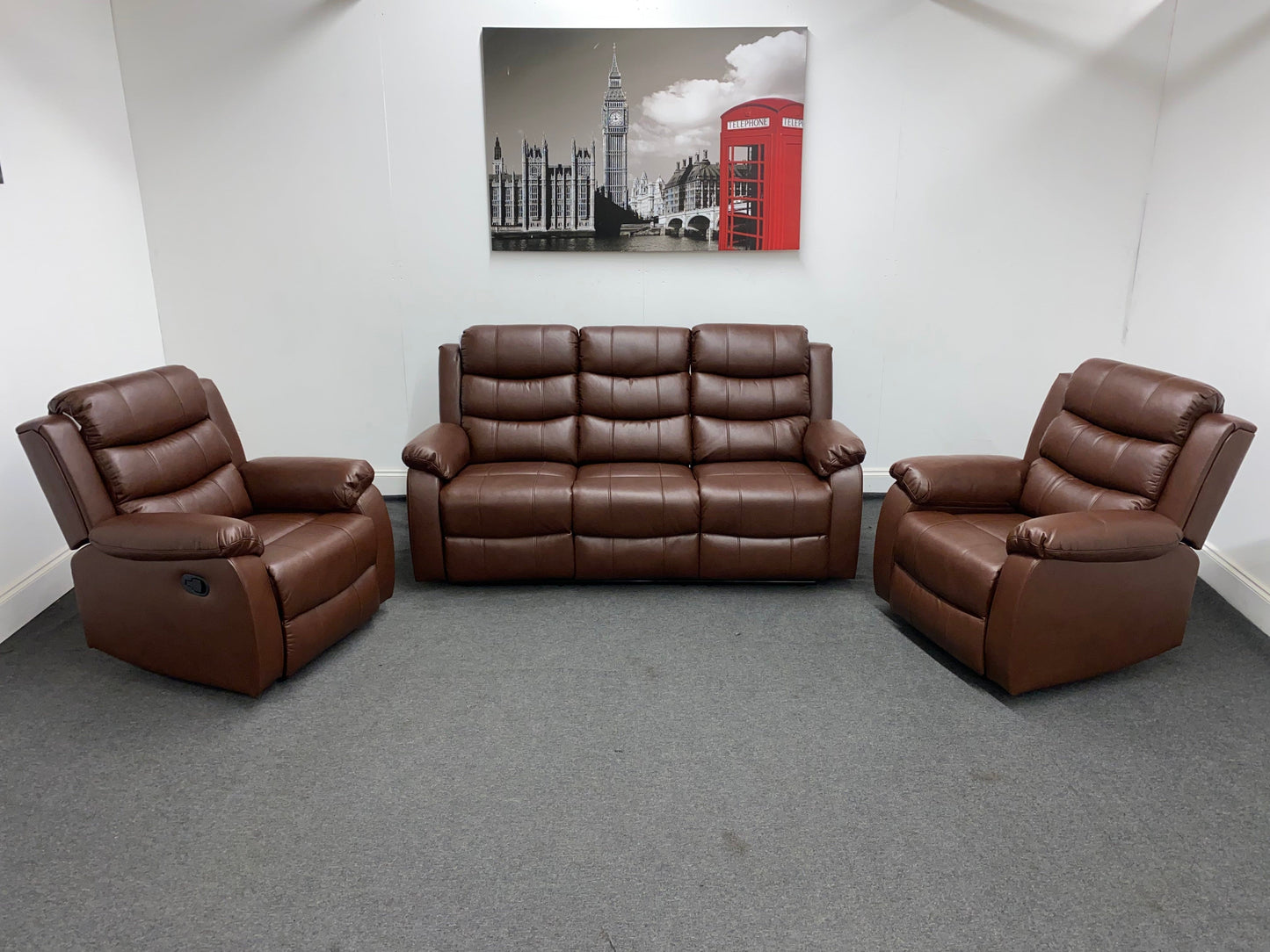 Lando Recliner Brown Leather 3 + 1 + 1 Seater Sofa (Couch) Set With Drop Down Drinks Table & 2 Stage Recliner Motion