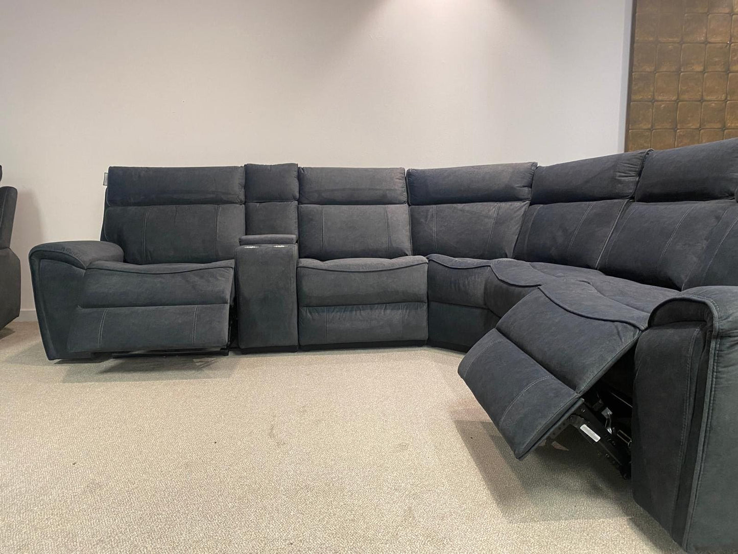 " Ronan " Sectional 6 Unit Plush Fabric Power Recliner Corner Sofa With USB Charing Ports + Drinks Console | Couch |
