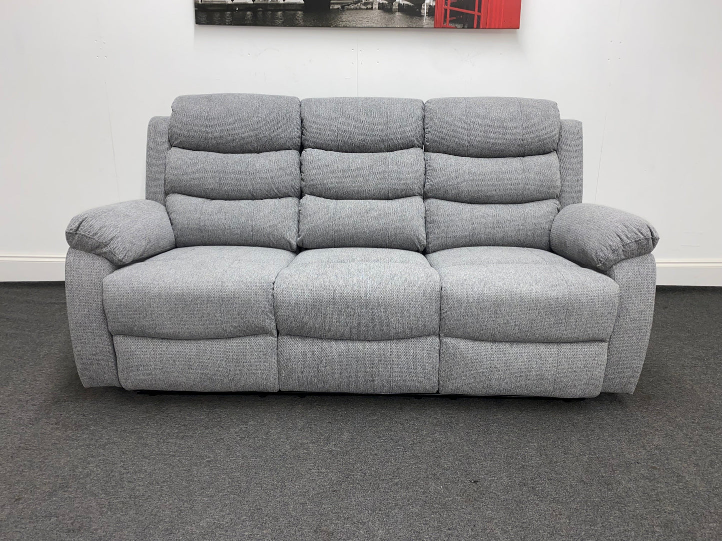 SPECIAL OFFER "Lewson" Manual Reclining Grey Fleck Fabric Sofa Set + Drinks Tray Table