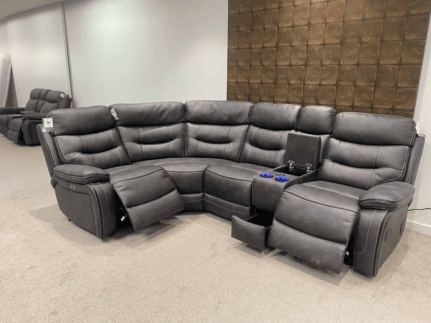 Cinema LHF Corner Sofa | Power Headrests | Drinks Coolers | Wireless Charging | Bluetooth Speakers | Express Smart Tech Grey Fabric Power Recliner Corner Sofa