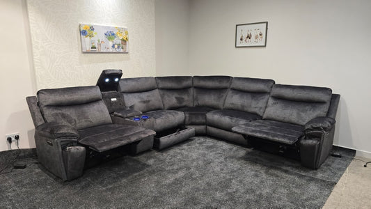 "Xavier" Grey Distressed Velvet Fabric Power Recliner Corner Sofa With USB Charging Ports, Drinks Cooling Cup Holders Plus Many More Modern Features