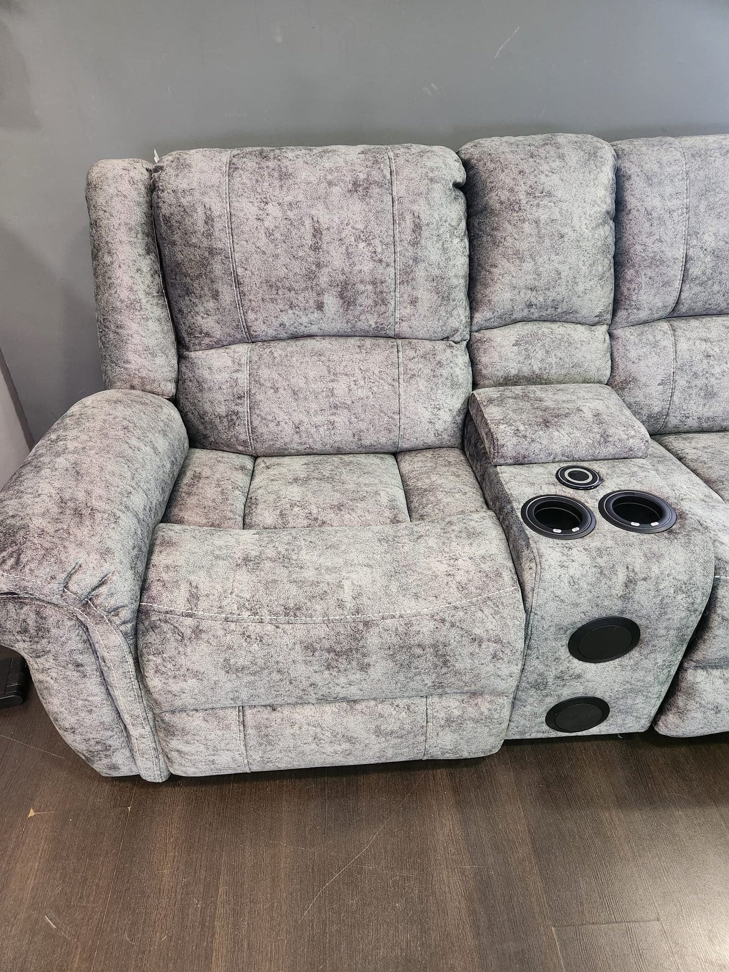 GALAXY Grey Plush Velvet Fabric Electric Reclining 2C2C Corner Sofa | Cooling Cupholders & USB Ports