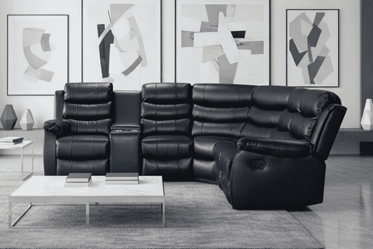 Black Leather 'Lando' 2c1c Reclining Corner Sofa | Reversible & Modular | Drinks Console | High Backrest | Built To Fit Any Home | Couch |