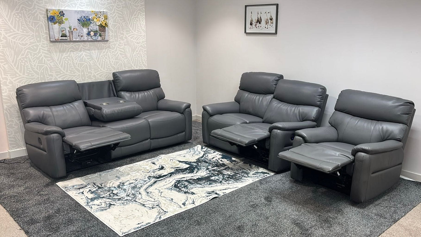 DFS MILANO Grey Leather Electric Reclining 3 + 1 Seater Sofa Suite Set + USB Ports | Couch |