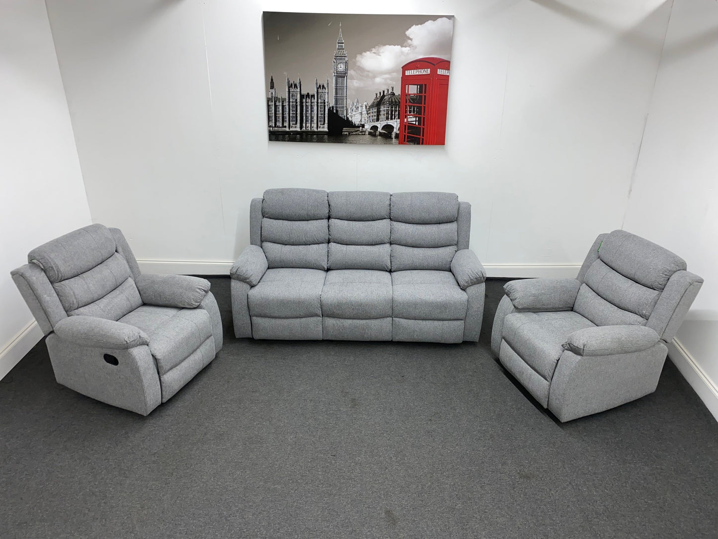 ‘Lewson’ Grey Fleck Fabric Recliner 3 + 1 + 1 Seater with Drinks Tray Table | Couch |