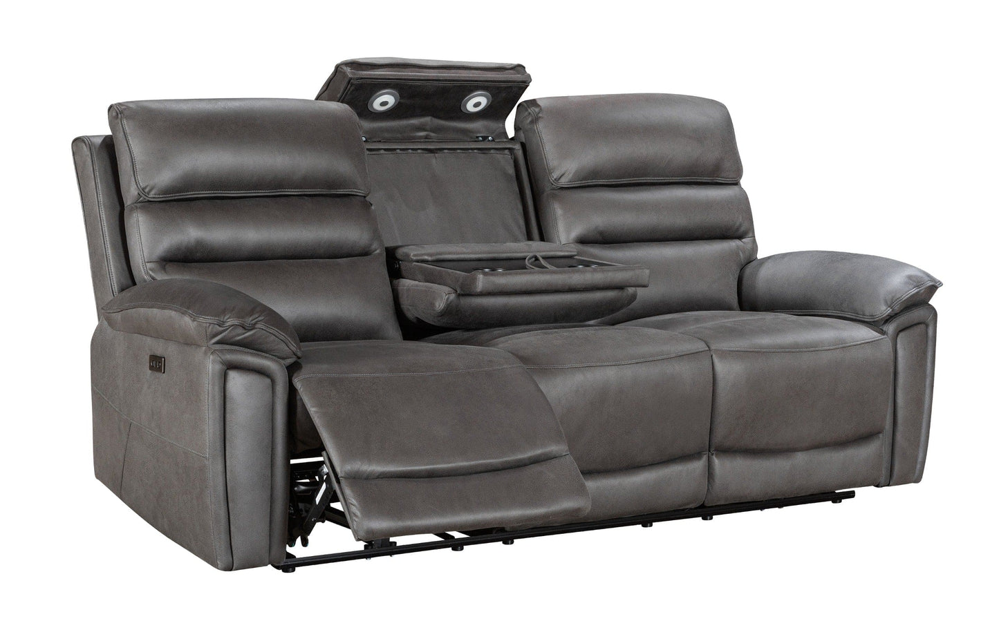 Donald Grey Suede Fabric Electric / Power Reclining Sofa Range Suite Set With USB Charging Ports & Drop Down Tray Table