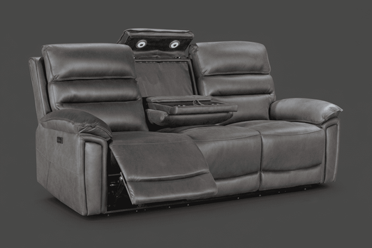 BUNDLE DEAL! DFS Lawson Grey Easy Clean Fabric Electric Reclining 3 Seater + 2 Seater Sofa Set With USB Charging Ports & Drop Down Tray Table