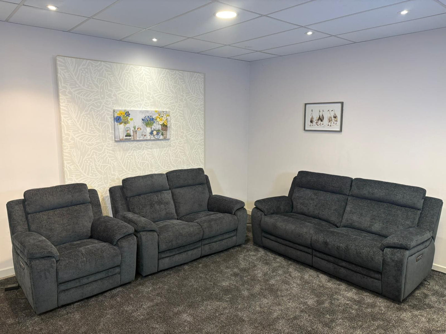 "Barretta" Electric / Power Reclining Grey Fabric Sofa Set - USB Charging & Drinks Tray Table