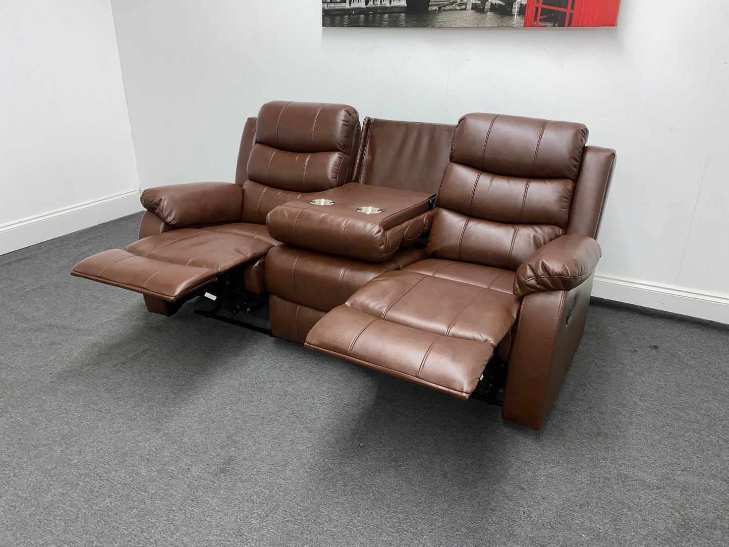 Lando Recliner Brown Leather 3 + 1 + 1 Seater Sofa (Couch) Set With Drop Down Drinks Table & 2 Stage Recliner Motion
