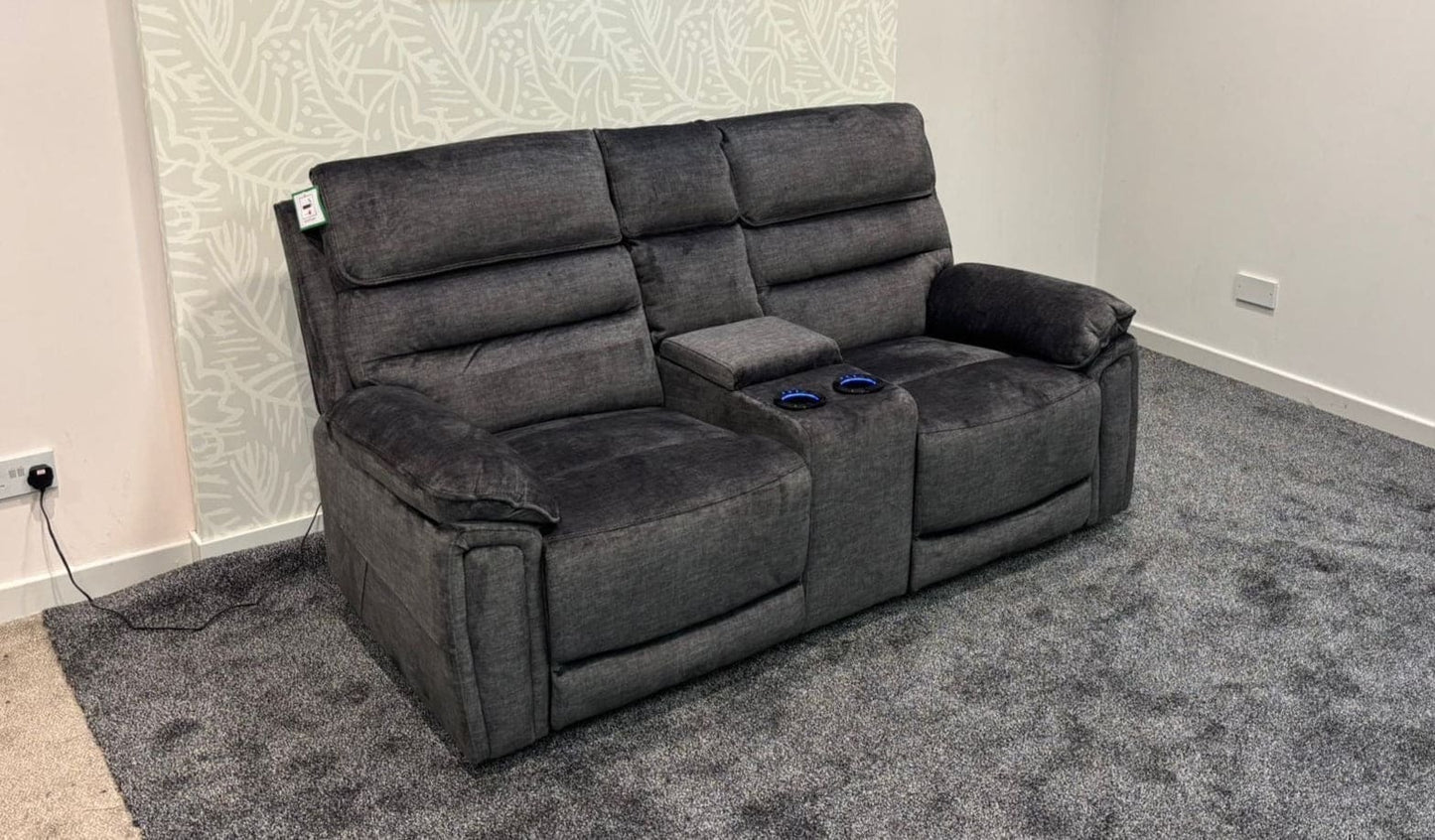 The “ Donald " Electric / Power Reclining Charcoal Grey Fabric 2 Seater Tech Sofa - USB Charging & Drinks Coolers Plus High Seating & Backrest Position | Couch |