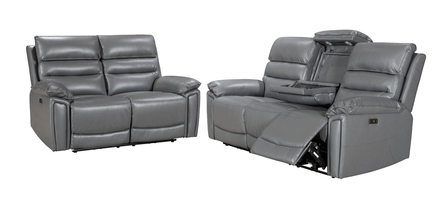 Donald Grey Leather Electric / Power Reclining Sofa Range Suite Set With Drinks Coolers USB Charging Ports & Drop Down Tray Table