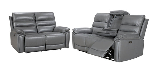 Donald Grey Leather Electric / Power Reclining 3 Seater + 2 Seater Sofa Set With USB Charging Ports & Drop Down Tray Table