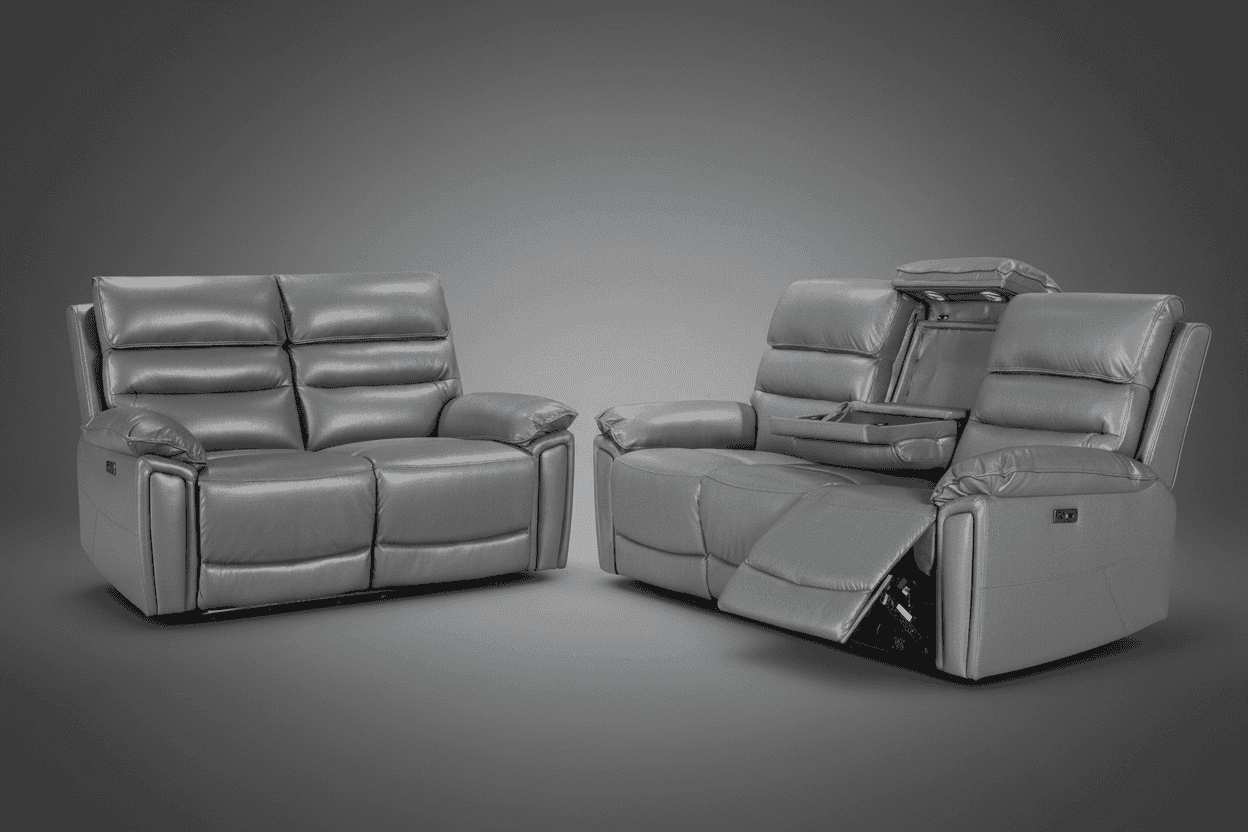'SPECIAL OFFER' Calisese Grey Leather Electric Reclining 3 Seater + 2 Seater Sofa Set With USB Charging Ports & Drop Down Tray Table With Reading Lights