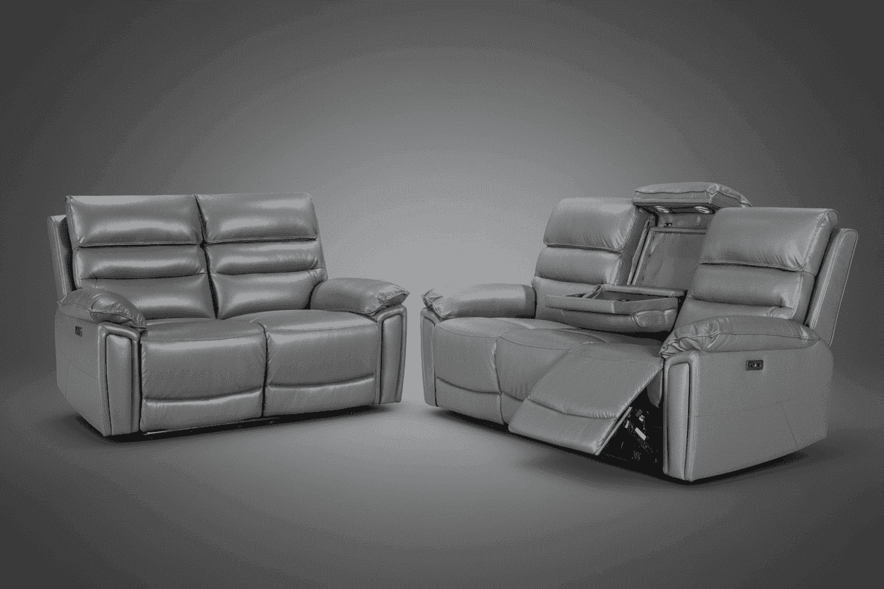 'SPECIAL OFFER' Calisese Grey Leather Electric Reclining 3 Seater + 2 Seater Sofa Set With USB Charging Ports & Drop Down Tray Table With Reading Lights