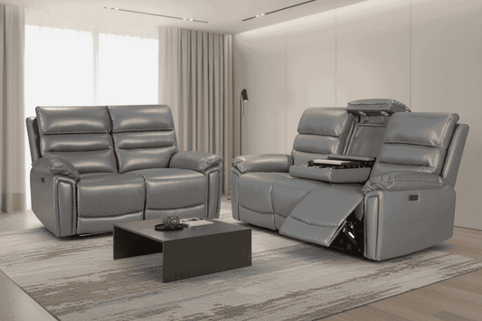 'SPECIAL OFFER' Calisese Grey Leather Electric Reclining 3 Seater + 2 Seater Sofa Set With USB Charging Ports & Drop Down Tray Table With Reading Lights