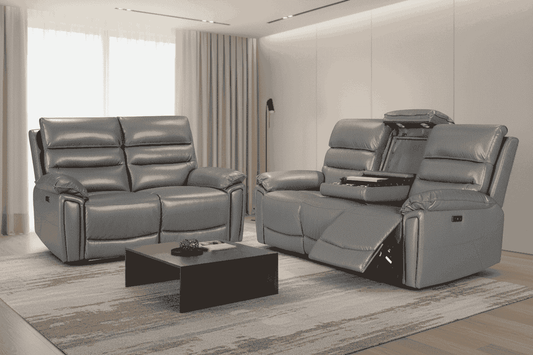 'SPECIAL OFFER' Calisese Grey Leather Electric Reclining 3 Seater + 2 Seater Sofa Set With USB Charging Ports & Drop Down Tray Table With Reading Lights
