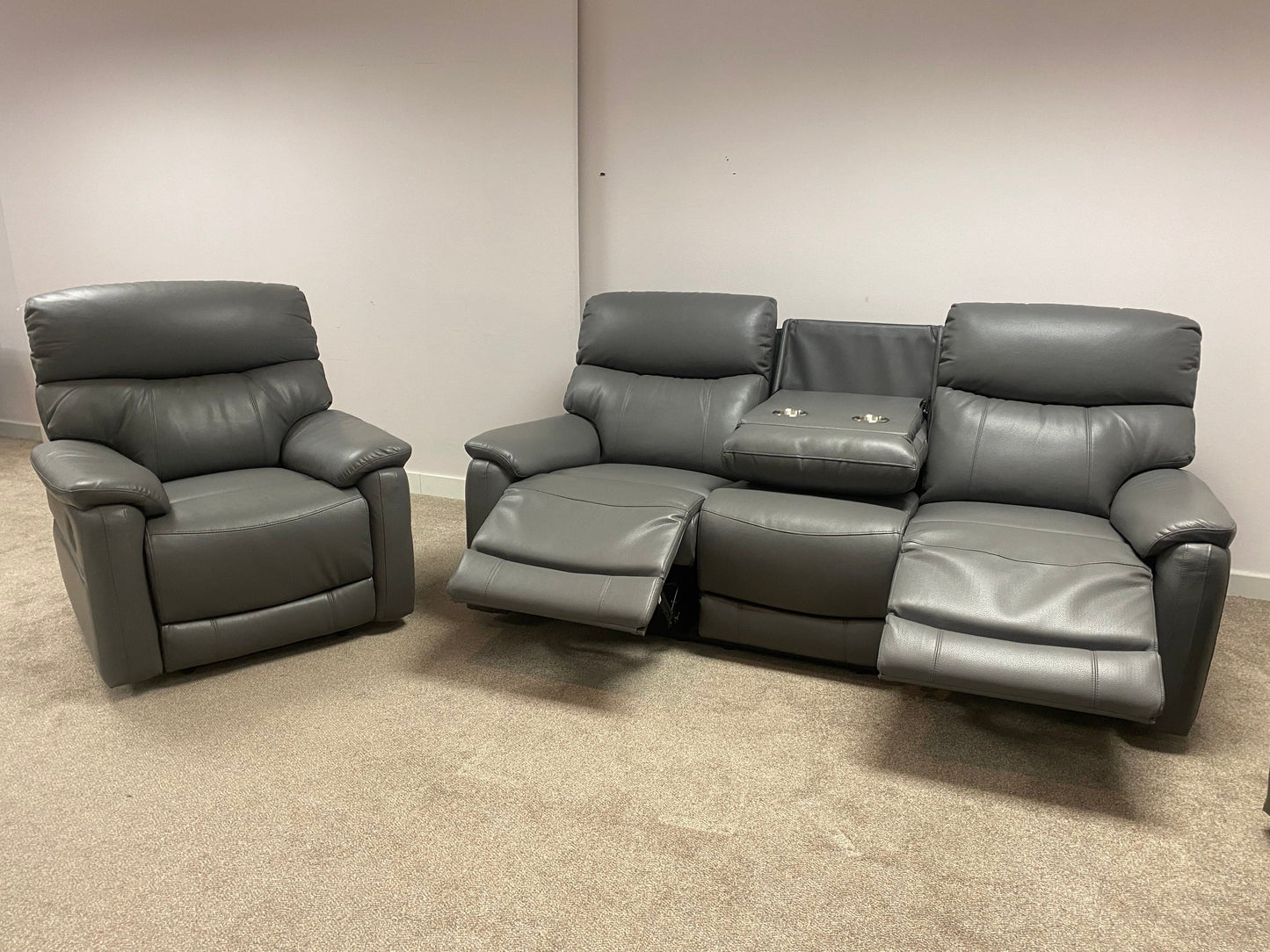 DFS MILANO Grey Leather Electric Reclining 3 + 1 Seater Sofa Suite Set + USB Ports | Couch |