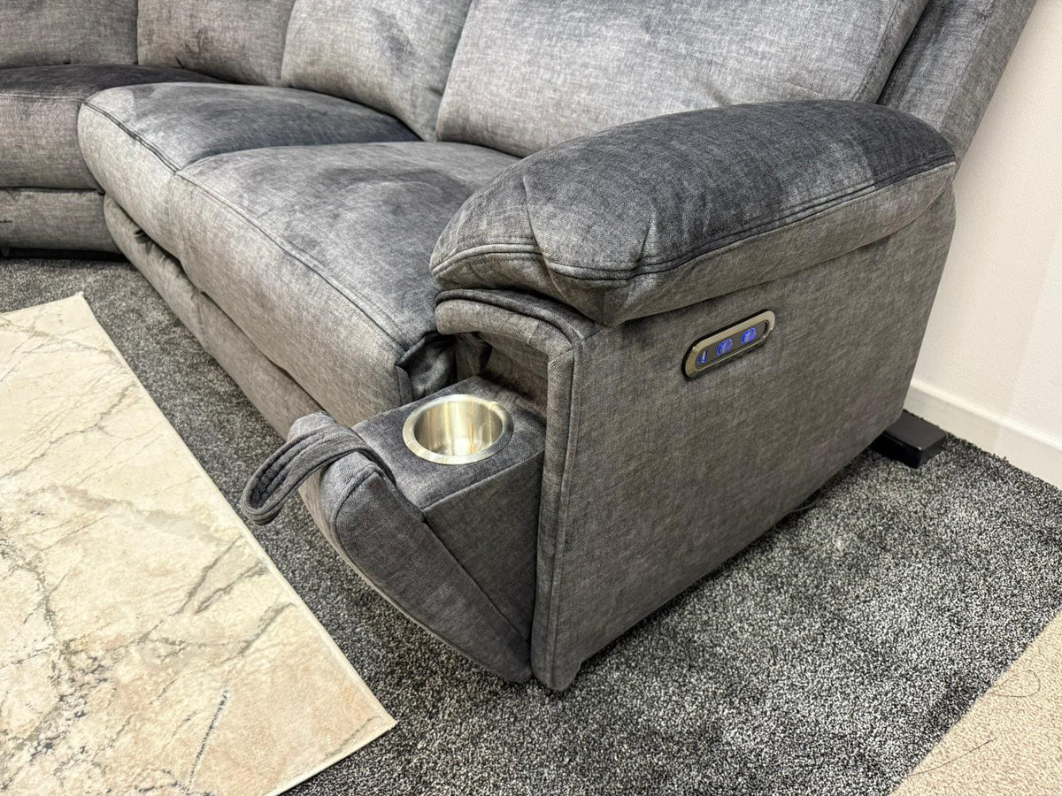 "Xavier" 2c2c Grey Distressed Velvet Fabric Power Recliner Corner Sofa With USB Charging Ports & Cinema Drinks Console