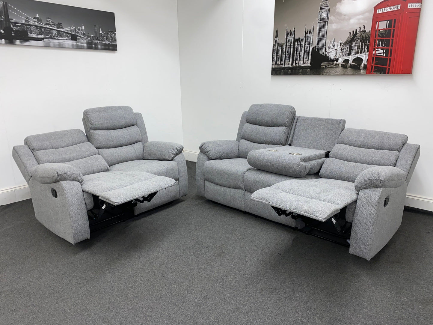 ‘Lewson’ Reclining Grey Fleck Fabric 3 Seater + 2 Seater Sofa Set + Drinks Tray Table | Couch |