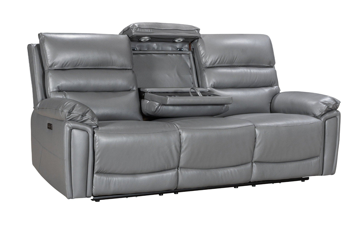 Donald Grey Leather Electric / Power Reclining 3 Seater + 2 Seater Sofa Suite Set With Drinks Coolers USB Charging Ports & Drop Down Tray Table