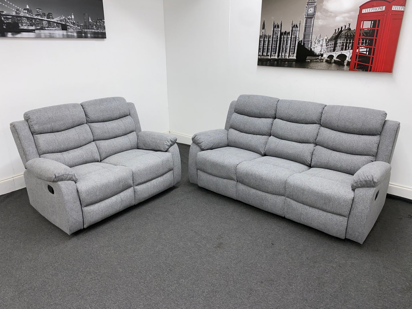 ‘Lewson’ Reclining Grey Fleck Fabric 3 Seater + 2 Seater Sofa Set + Drinks Tray Table | Couch |