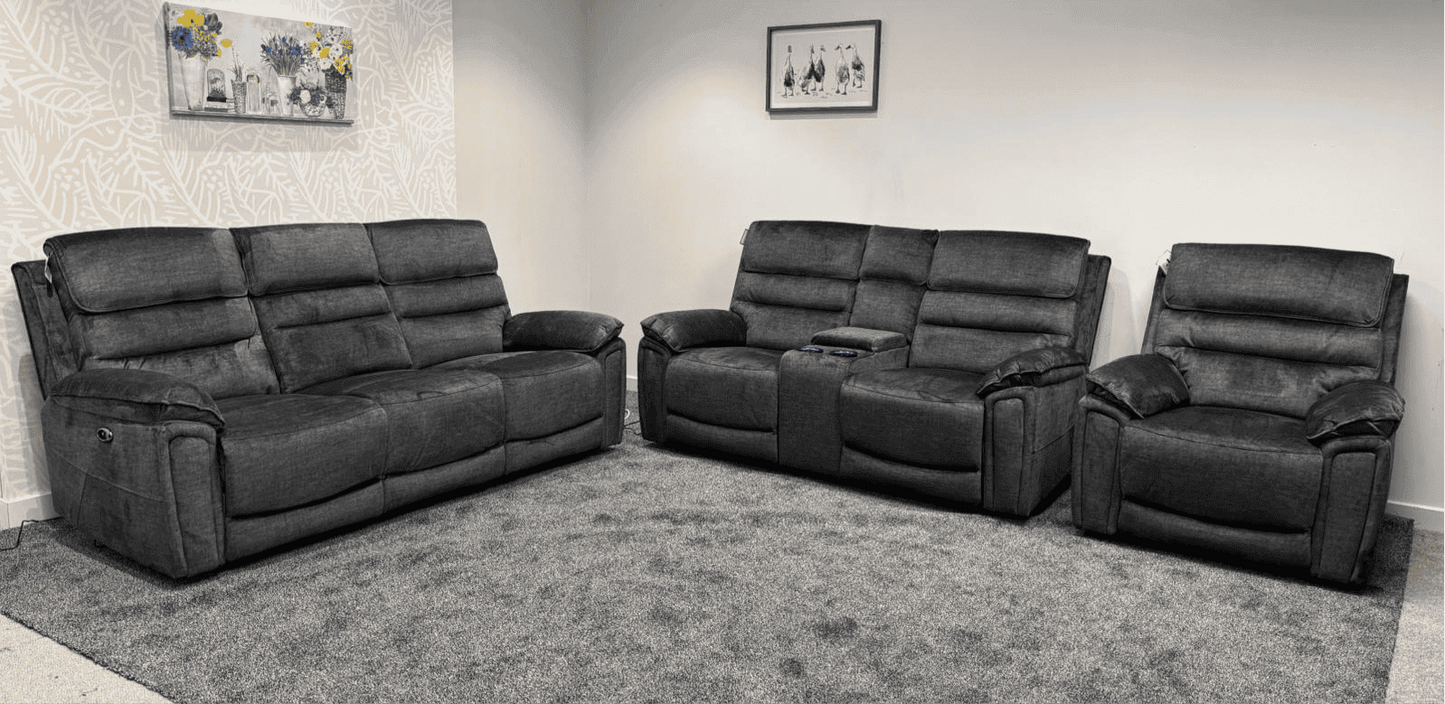 The “ Donald " Electric / Power Reclining Charcoal Grey Fabric Sofa Set - USB Charging & Drinks Tray Table Plus High Seating & Backrest Position | Couch |