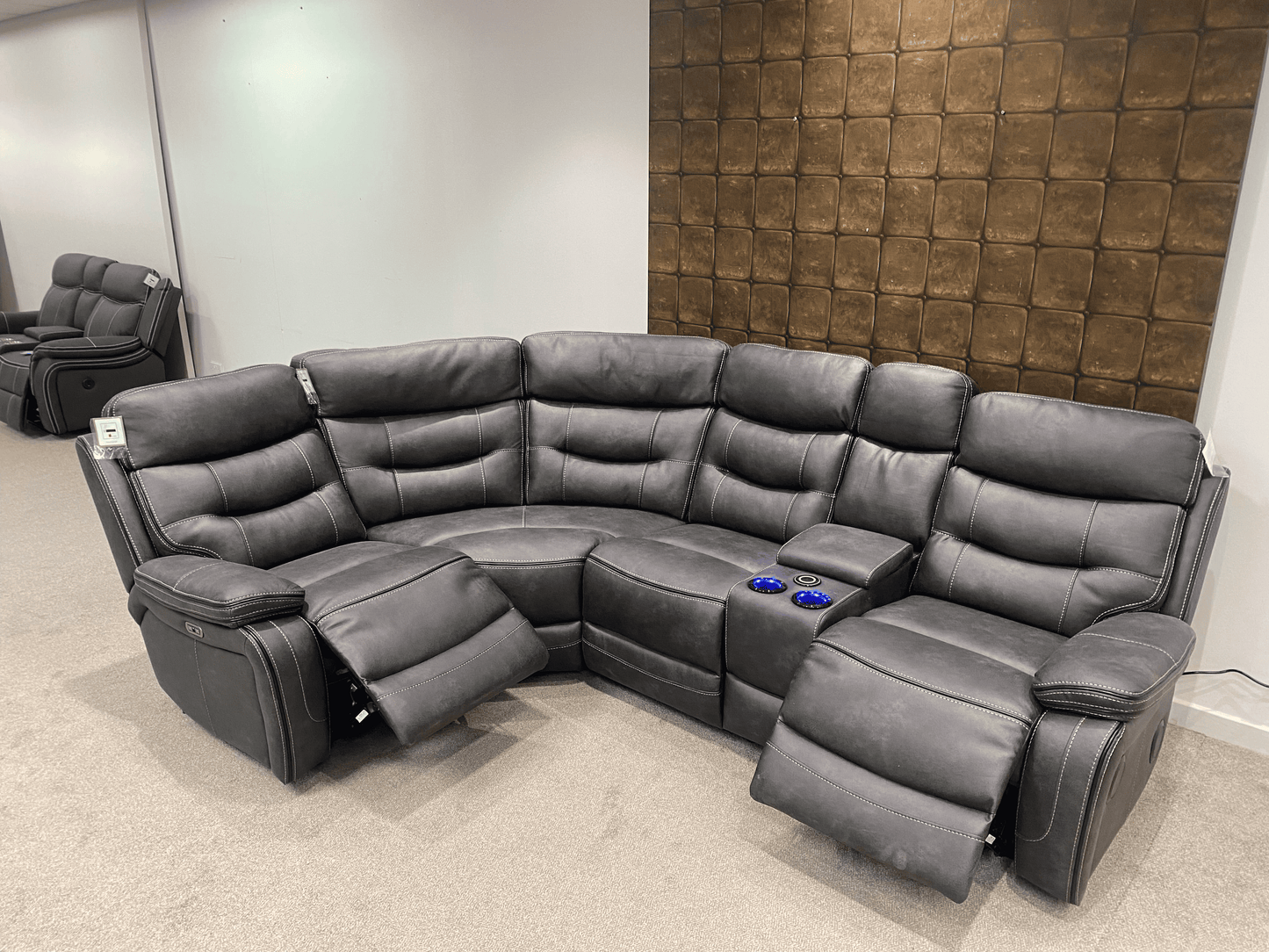 Cinema LHF Corner Sofa | Power Headrests | Drinks Coolers | Wireless Charging | Bluetooth Speakers | Express Smart Tech Grey Fabric Power Recliner Corner Sofa