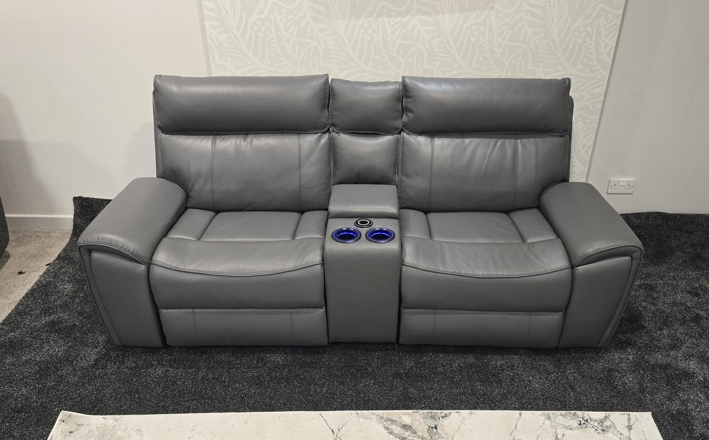 "Ronan" Cinema Sofa in Milano Grey Leather Power Recliner Complete With USB & Wireless Charging. Laf + Raf + Console