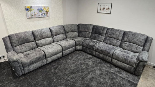 GALAXY Grey Plush Velvet Fabric Electric Reclining 3C3 Corner Sofa & USB Ports