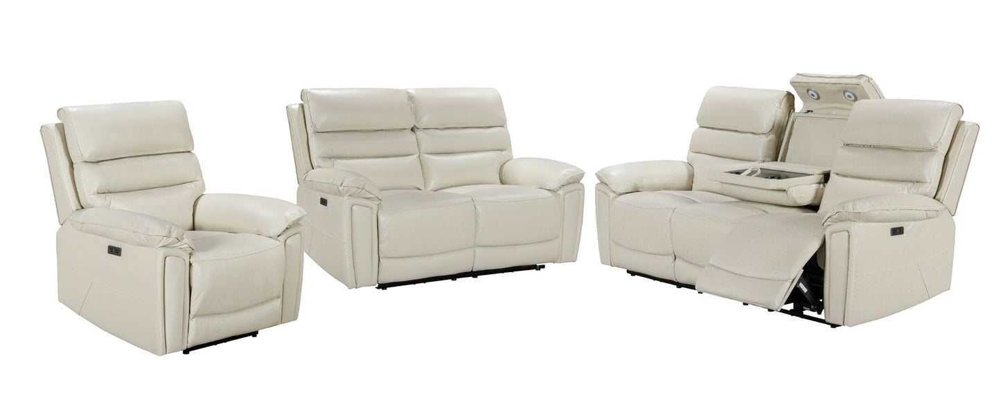 Donald Ivory Cream Leather Electric / Power Reclining Sofa Range Suite Set With USB Charging Ports & Drop Down Tray Table