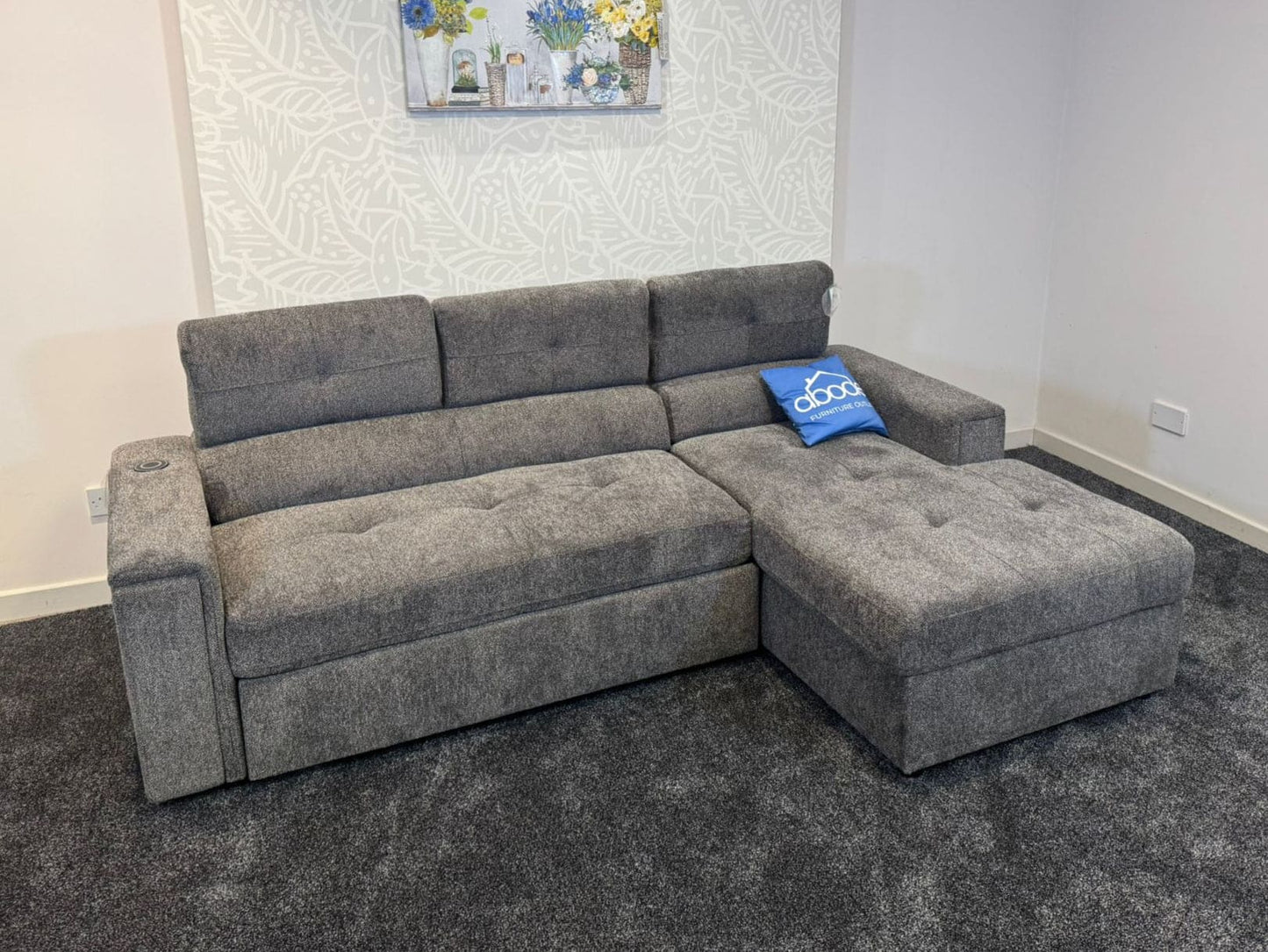 RHF Grey Fabric Sofa Bed + Storage Ottoman + Adjustable Headrests + Drinks Holder + Wireless Charger