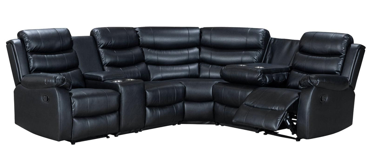 Black Leather 'Lando' MANUAL Reclining Corner Sofa | Reversible & Modular | Drinks Consol | High Backrest | Built To Fit Any Home | Couch |