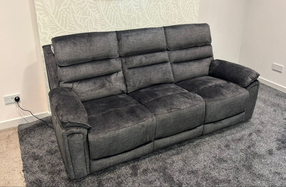 The “ Donald " Electric / Power Reclining Charcoal Grey Fabric 3 Seater Sofa - USB Charging & Drinks Tray Table Plus High Seating & Backrest Position | Couch |