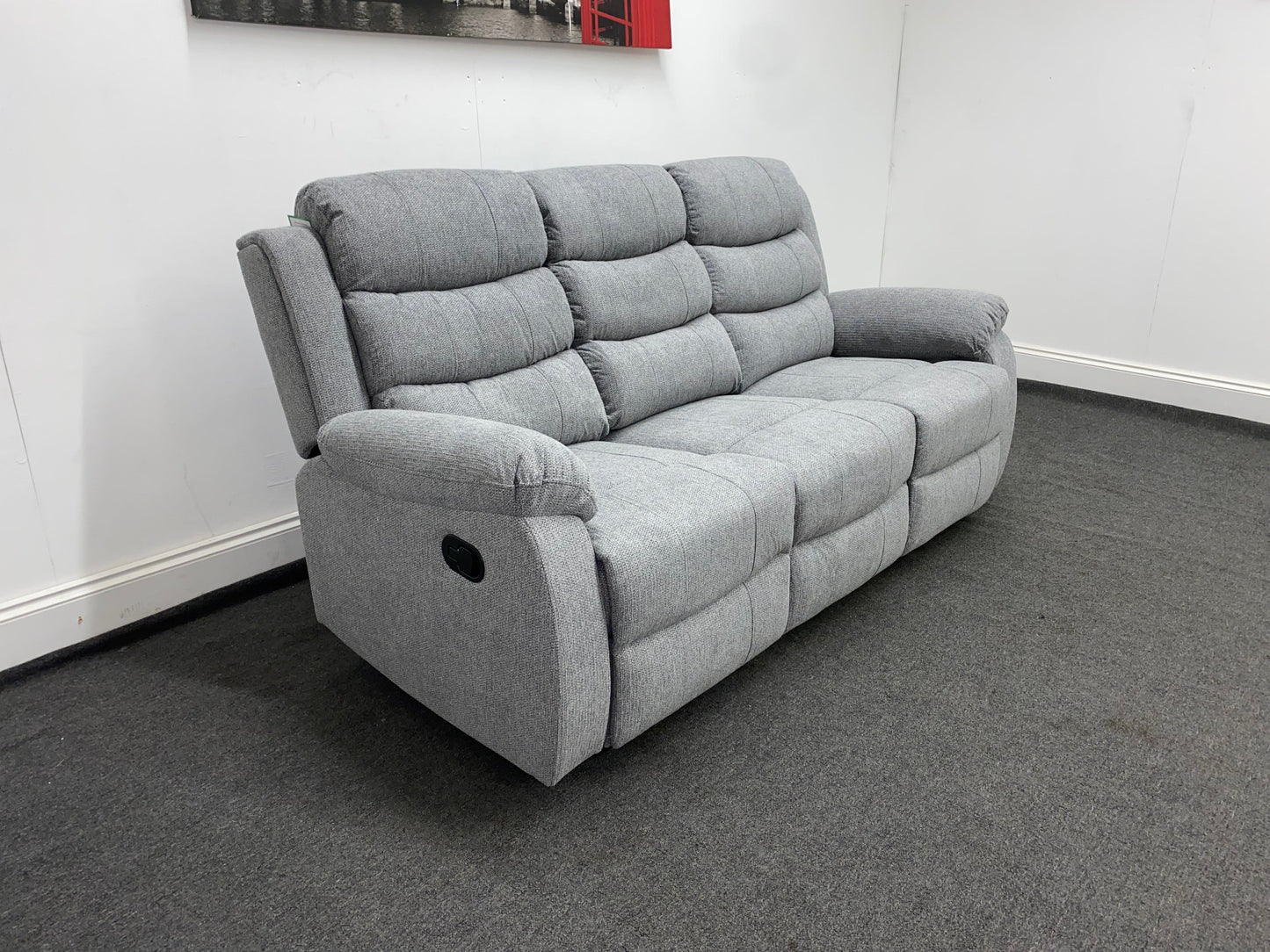 ‘Lewson’ Grey Fleck Fabric Recliner 3 + 1 + 1 Seater with Drinks Tray Table | Couch |