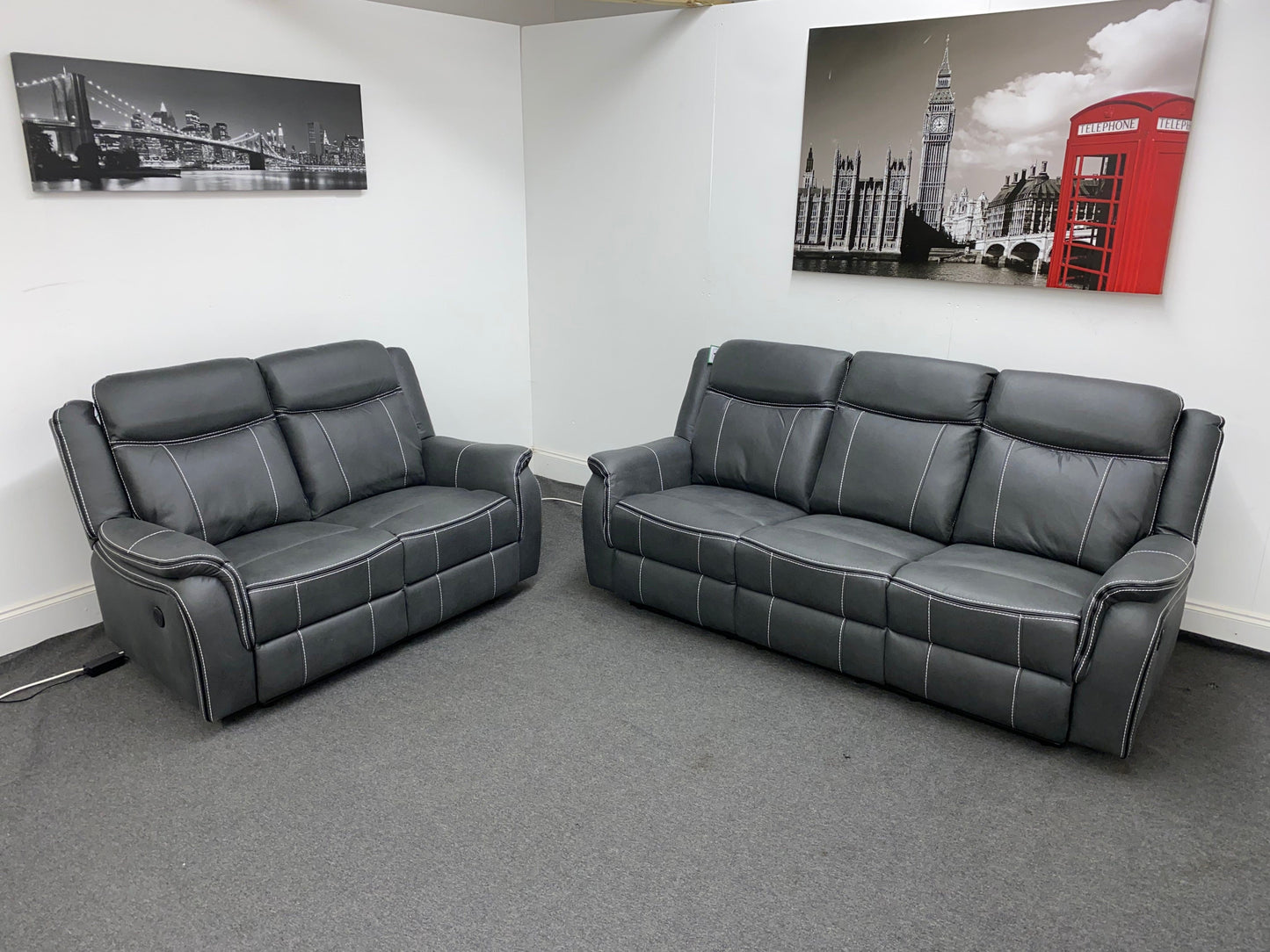 " Sloane Vision " Grey Water Resistant Microfibre Fabric 3 + 2 Seater Electric / Power Recliner Sofa Suite Set With USB Ports & Drop Down Tray Table | Couch |