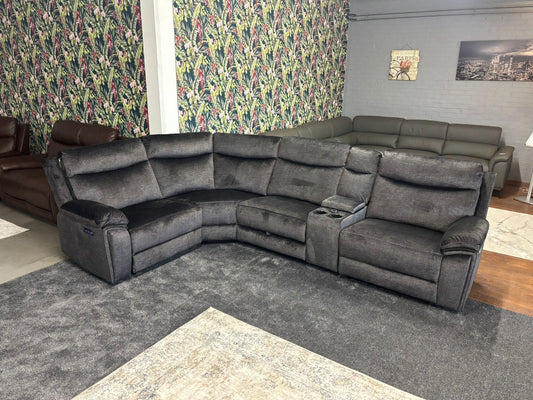 "Xavier" 2c1c Grey Plush Fabric Power Recliner Reversible Corner Sofa With USB Charging Ports, Drinks Cooling Cup Holders Plus Many More Modern Features